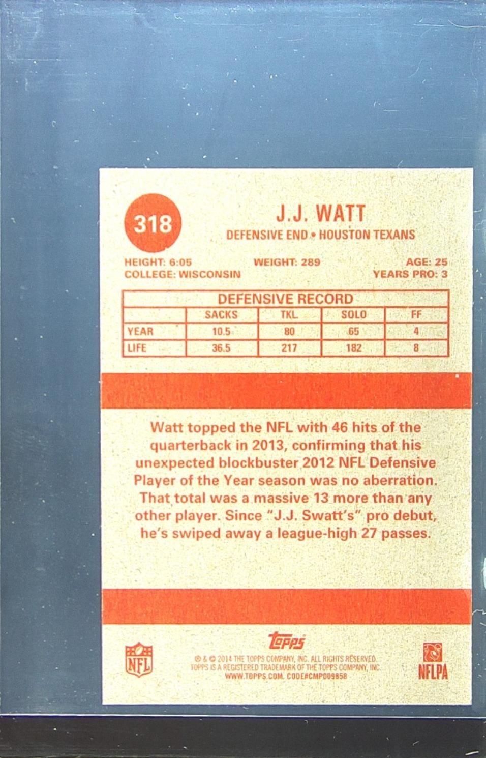 2014 Topps J.J. Watt #318 Texans 1963 Mini - Image 3