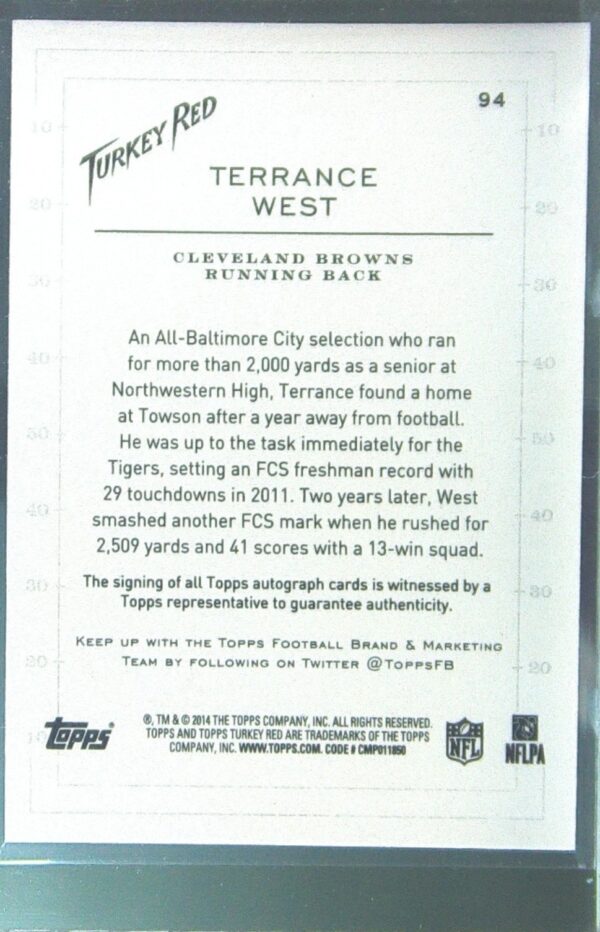 2014 Topps Turkey Red Terrance West Auto RC #94 Browns Autographs - Image 3