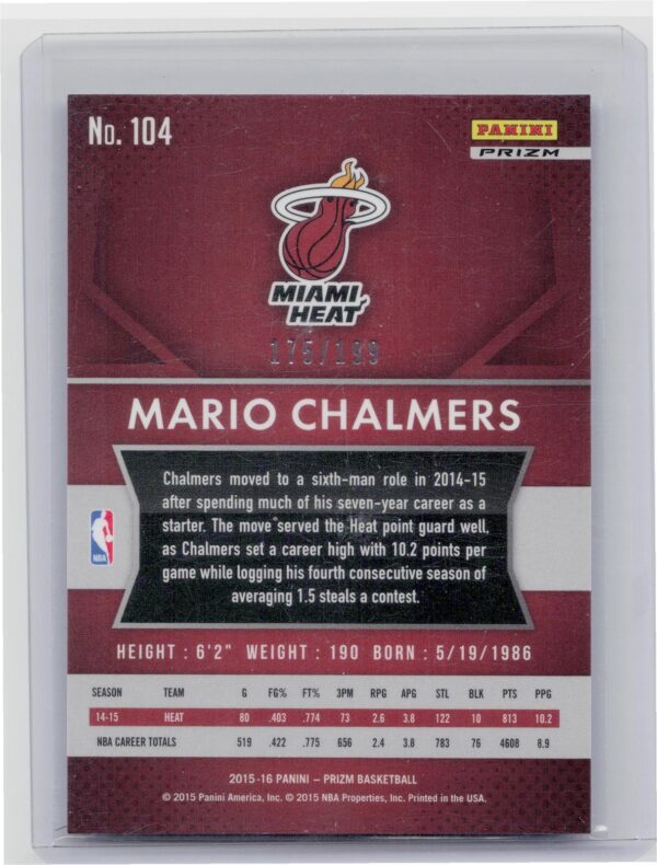 2015-16 Prizm Mario Chalmers Light Blue Prizms /199 #104 Heat - Image 3