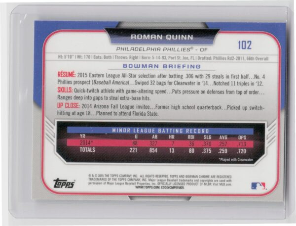 2015 Bowman Draft Roman Quinn Chrome Refractors #102 Phillies - Image 3
