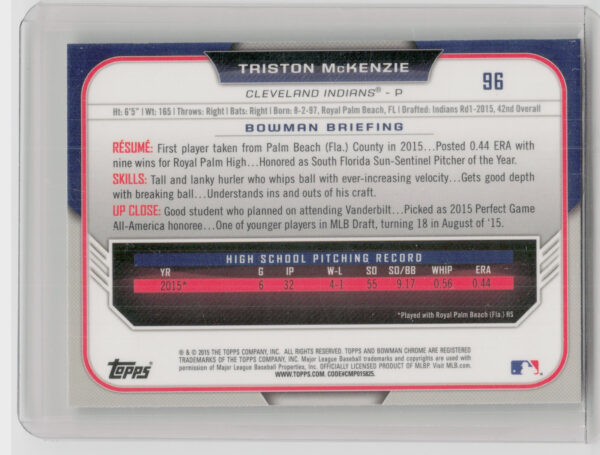 2015 Bowman Draft Triston McKenzie Chrome #96 Indians - Image 3
