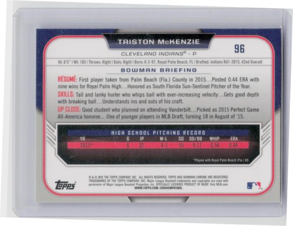2015 Bowman Draft Triston McKenzie Chrome #96 Indians - Image 3
