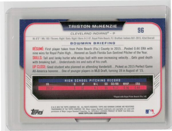2015 Bowman Draft Triston McKenzie Chrome #96 Indians - Image 3