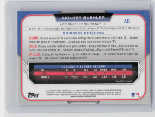 2015 Bowman Draft Walker Buehler Chrome #46 Dodgers - Image 3