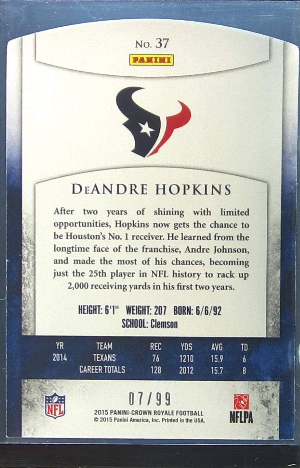2015 Crown Royale DeAndre Hopkins Retail Red /99 #37 Texans - Image 3