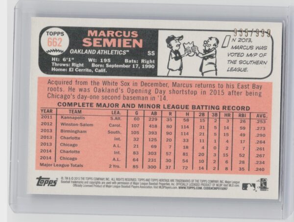 2015 Heritage Marcus Semien Chrome /999 #662 Athletics - Image 3