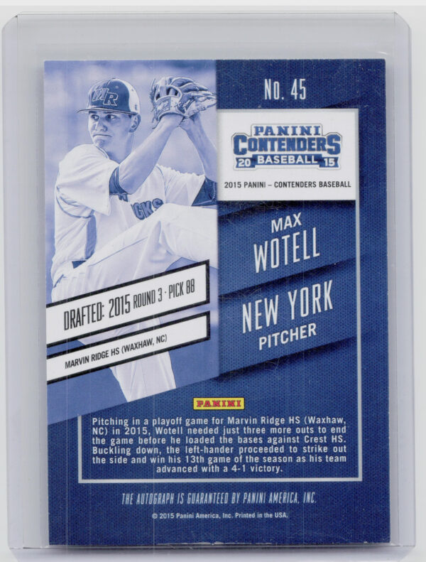 2015 Panini Contenders Max Wotell AU SN15 #45 Mets Draft Ticket Autographs Playo - Image 3