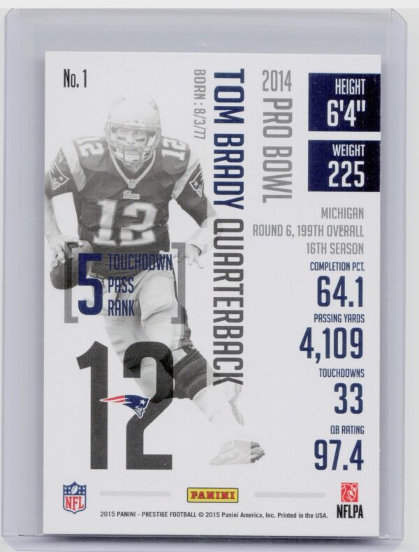 2015 Panini Prestige Tom Brady #1 Patriots - Image 3