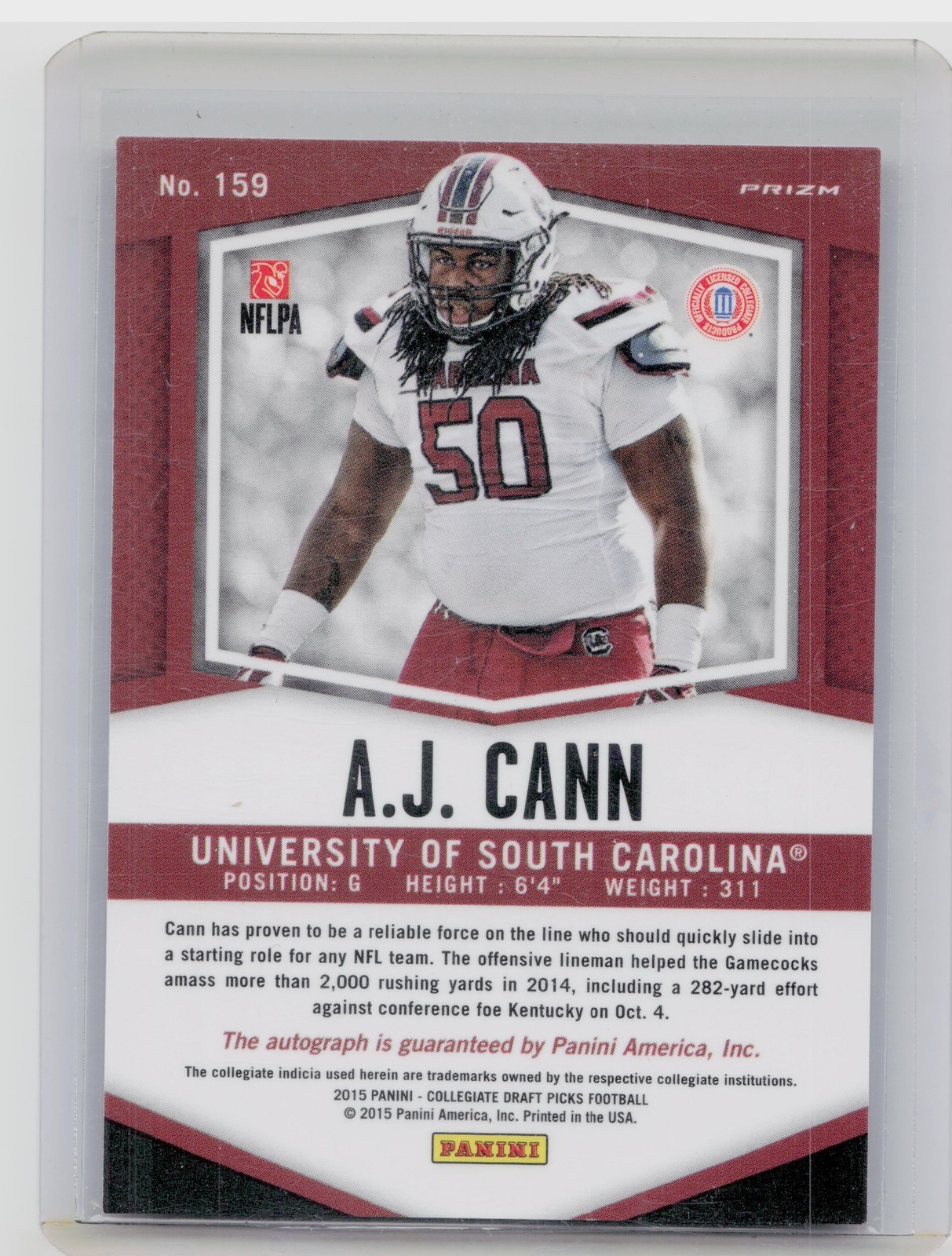 2015 Panini Prizm Collegiate Draft Picks A.J. Cann AU #159 Gamecocks Autographs - Image 3
