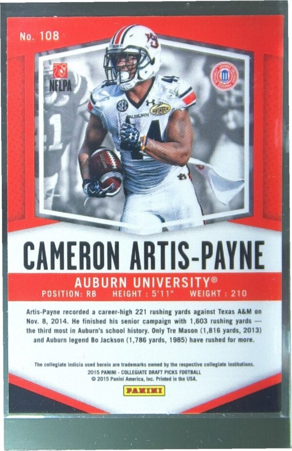 2015 Prizm Collegiate Draft Picks Cameron Artis-Payne RC #108 Tigers - Image 3
