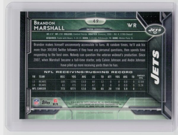 2015 Topps Chrome Brandon Marshall Refractor #49 Jets - Image 3