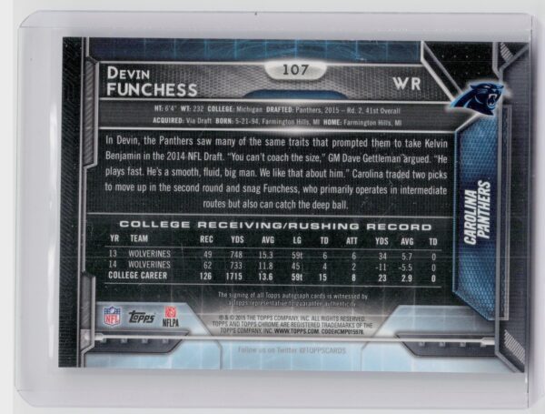 2015 Topps Chrome Devin Funchess AU #107 Panthers Rookie Autographs - Image 3
