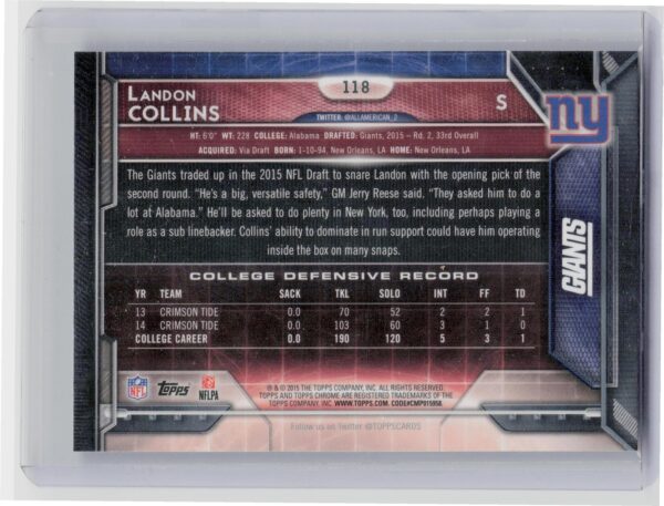 2015 Topps Chrome Landon Collins Rookie 60th Anniversary #424 Giants - Image 3