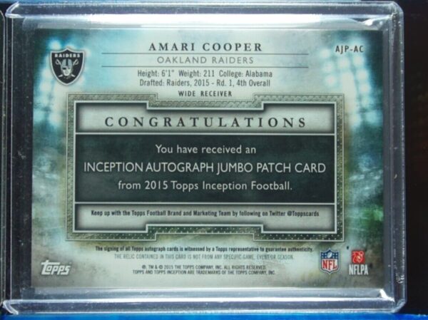 2015 Topps Inception Amari Cooper AU SN25 MEM #AJP-AC Raiders Autographed Jumbo - Image 3