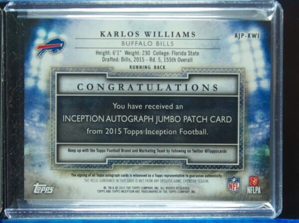 2015 Topps Inception Karlos Williams AU MEM #AJP-KWI Bills Autographed Jumbo Pat - Image 3