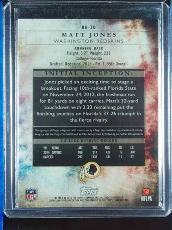 2015 Topps Inception Matt Jones AU SN99 #RA-30 Redskins Rookie Autographs Magent - Image 3