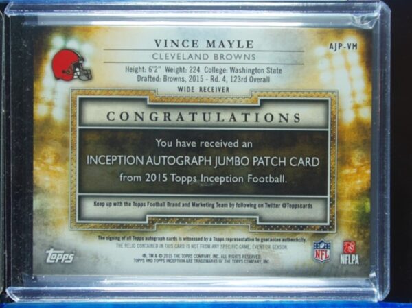 2015 Topps Inception Vince Mayle AU SN125 MEM #AJP-VM Browns Autographed Jumbo P - Image 3