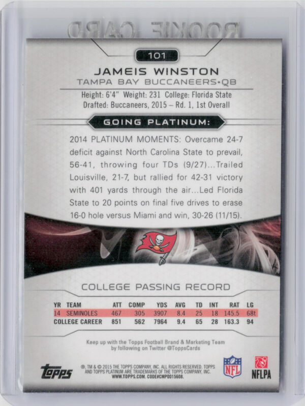 2015 Topps Platinum Jameis Winston RC #101 Buccaneers - Image 3