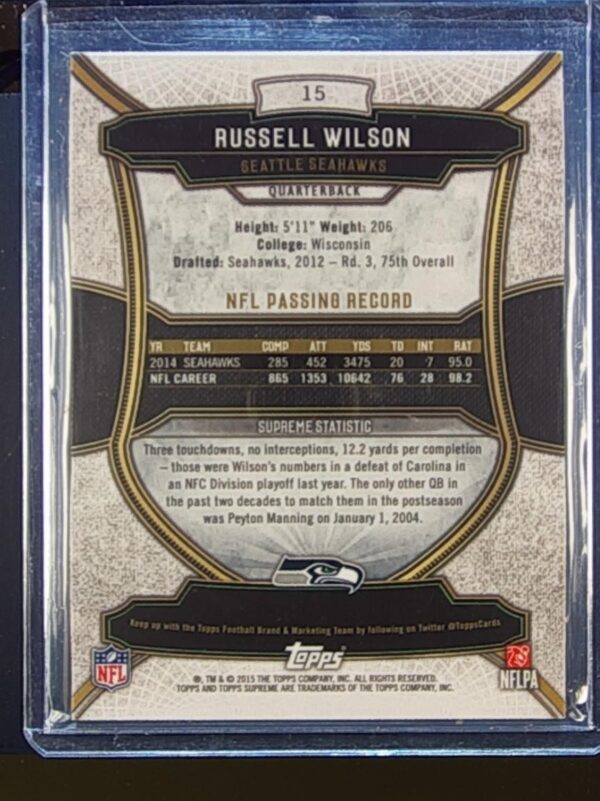 2015 Topps Supreme Russell Wilson Copper /194 #15 Seahawks - Image 3