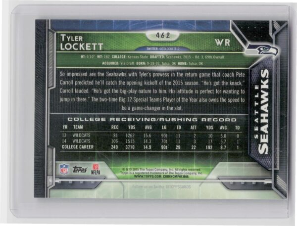 2015 Topps Tyler Lockett Super Bowl 50 #462 Seahawks - Image 3