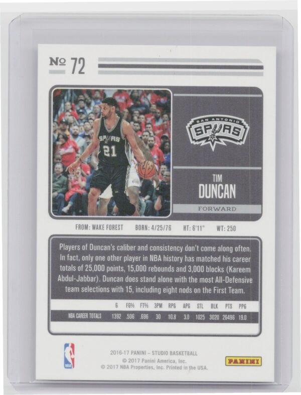 2016-17 Panini Studio Tim Duncan #72 Spurs - Image 3