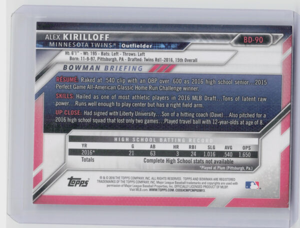 2016 Bowman Draft Alex Kirilloff #BD-90 Twins - Image 3