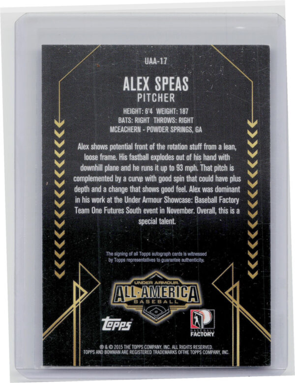 2016 Bowman Draft Alex Speas AU SN225 #UAA-17 American Under Armour All America - Image 3