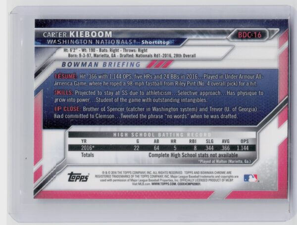 2016 Bowman Draft Carter Kieboom Chrome #BDC-16 Nationals - Image 3