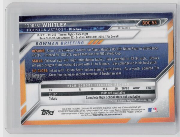 2016 Bowman Draft Forrest Whitley Chrome Refractor #BDC-55 Astros - Image 3