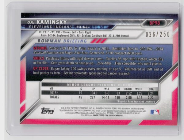2016 Bowman Rob Kaminsky /250 #BP98 Indians Prospects Purple - Image 3