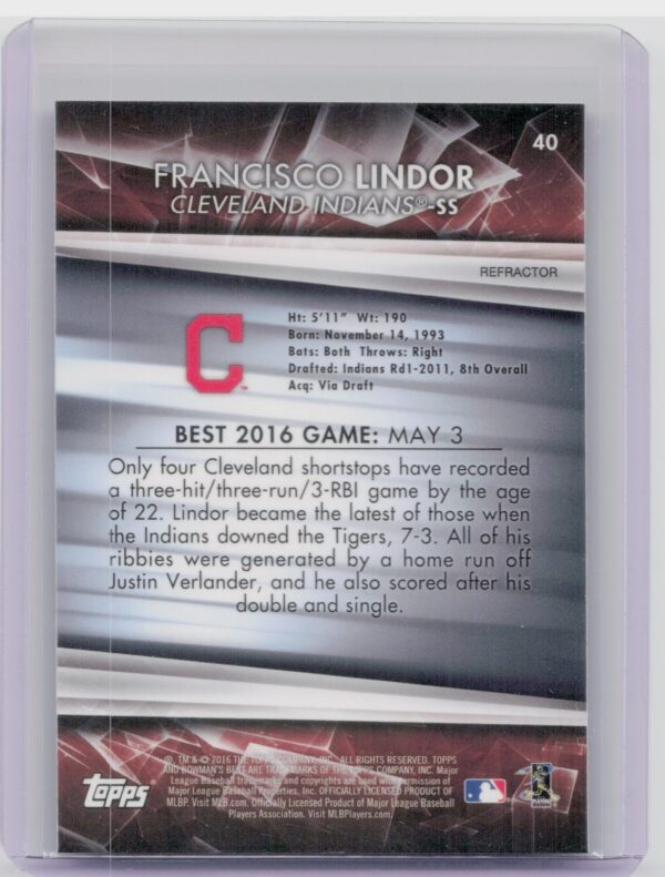 2016 Bowman's Best Francisco Lindor Refractor #40 Indians - Image 3