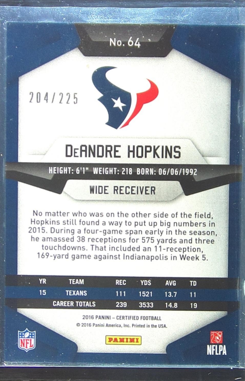 2016 Certified DeAndre Hopkins Mirror Orange /225 #64 Texans - Image 3