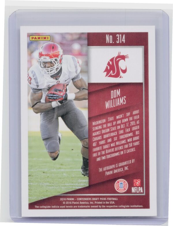2016 Contenders Draft Picks Dom Williams Auto #314 Cougars - Image 3