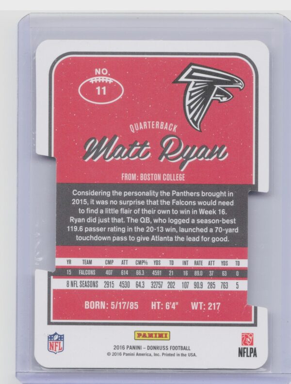 2016 Donruss Matt Ryan Press Proofs Silver Die Cut /75 #11 Falcons - Image 3