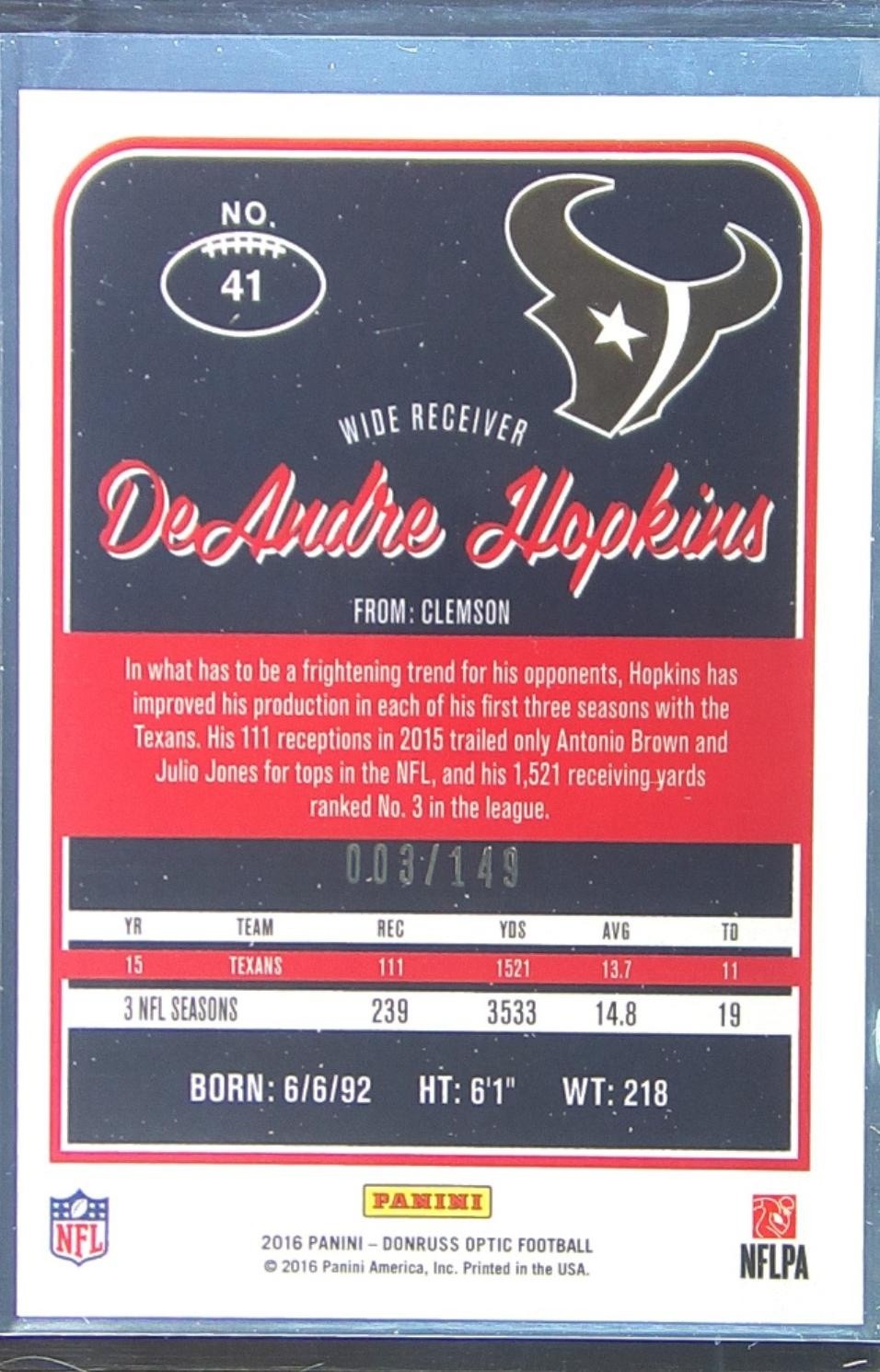 2016 Donruss Optic DeAndre Hopkins Blue /149 #41 Texans - Image 3