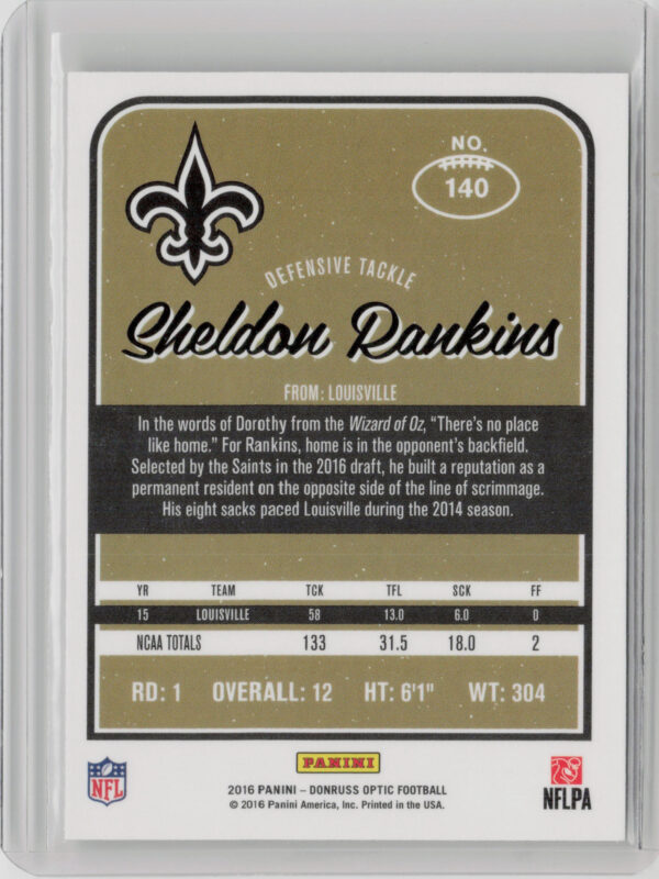 2016 Donruss Optic Sheldon Rankins RC #140 Saints - Image 3