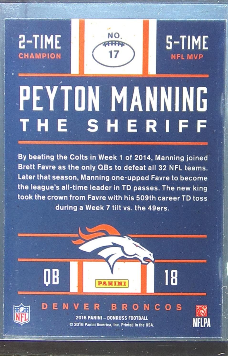 2016 Donruss Peyton Manning #17 Broncos Peyton Manning The Sheriff Tribute - Image 3
