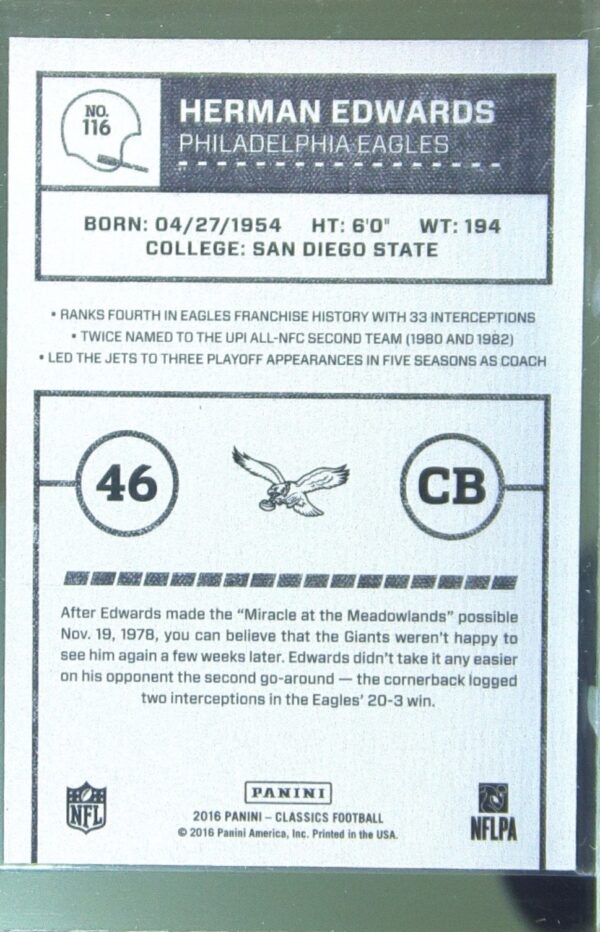 2016 Panini Classics Herman Edwards Timeless Tributes Bronze #116 Eagles - Image 3