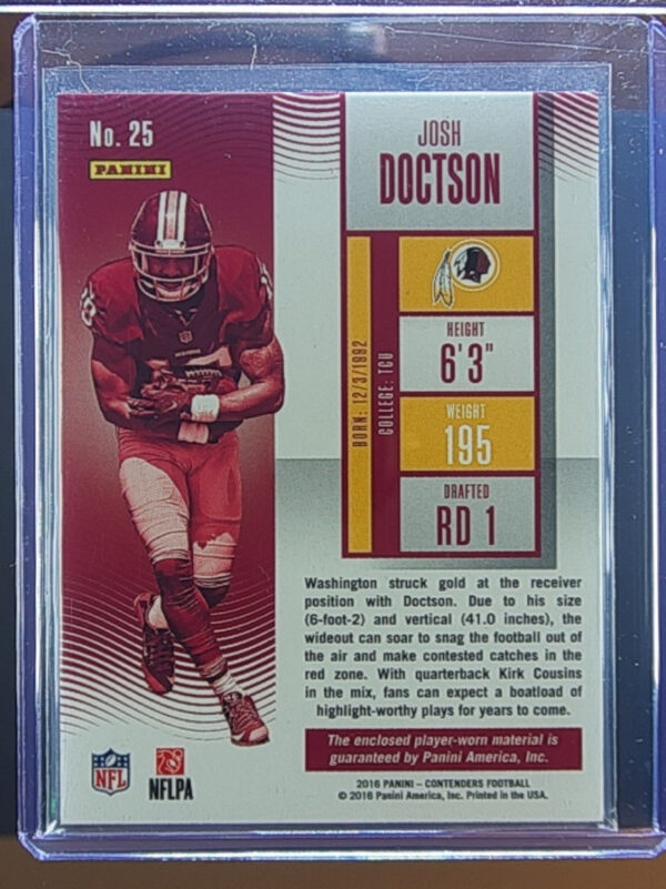 2016 Panini Contenders Josh Doctson MEM #25 Redskins Rookie Ticket Swatches Vert - Image 3