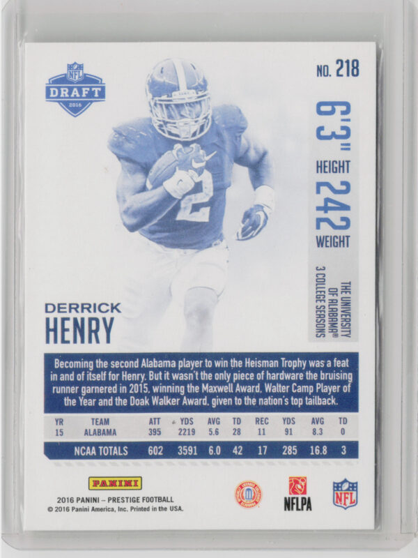 2016 Panini Prestige Derrick Henry RC #218 Titans - Image 3