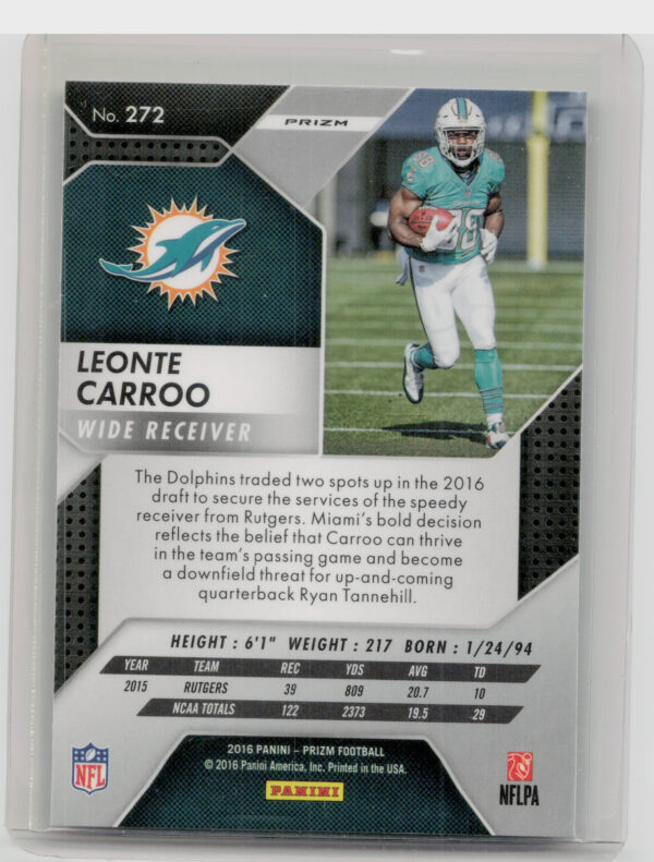 2016 Panini Prizm Leonte Carroo Prizm #272 Dolphins - Image 3