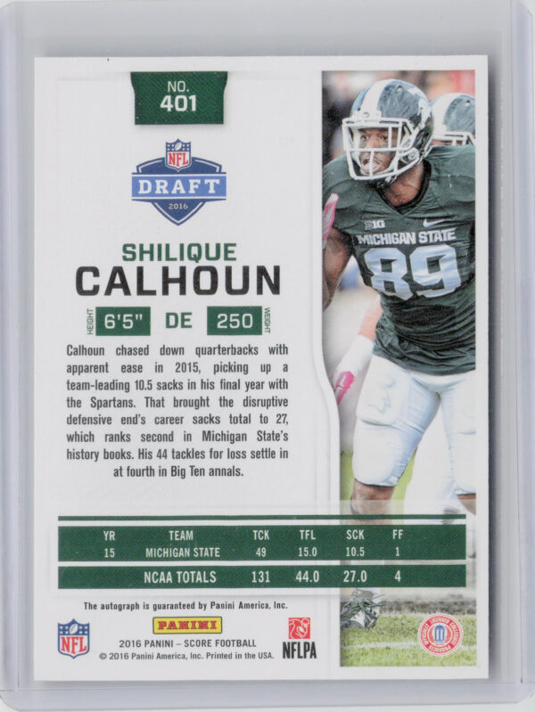 2016 Score Shilique Calhoun AU SN50 #401 Spartans Rookie Signatures Gold Zone - Image 3