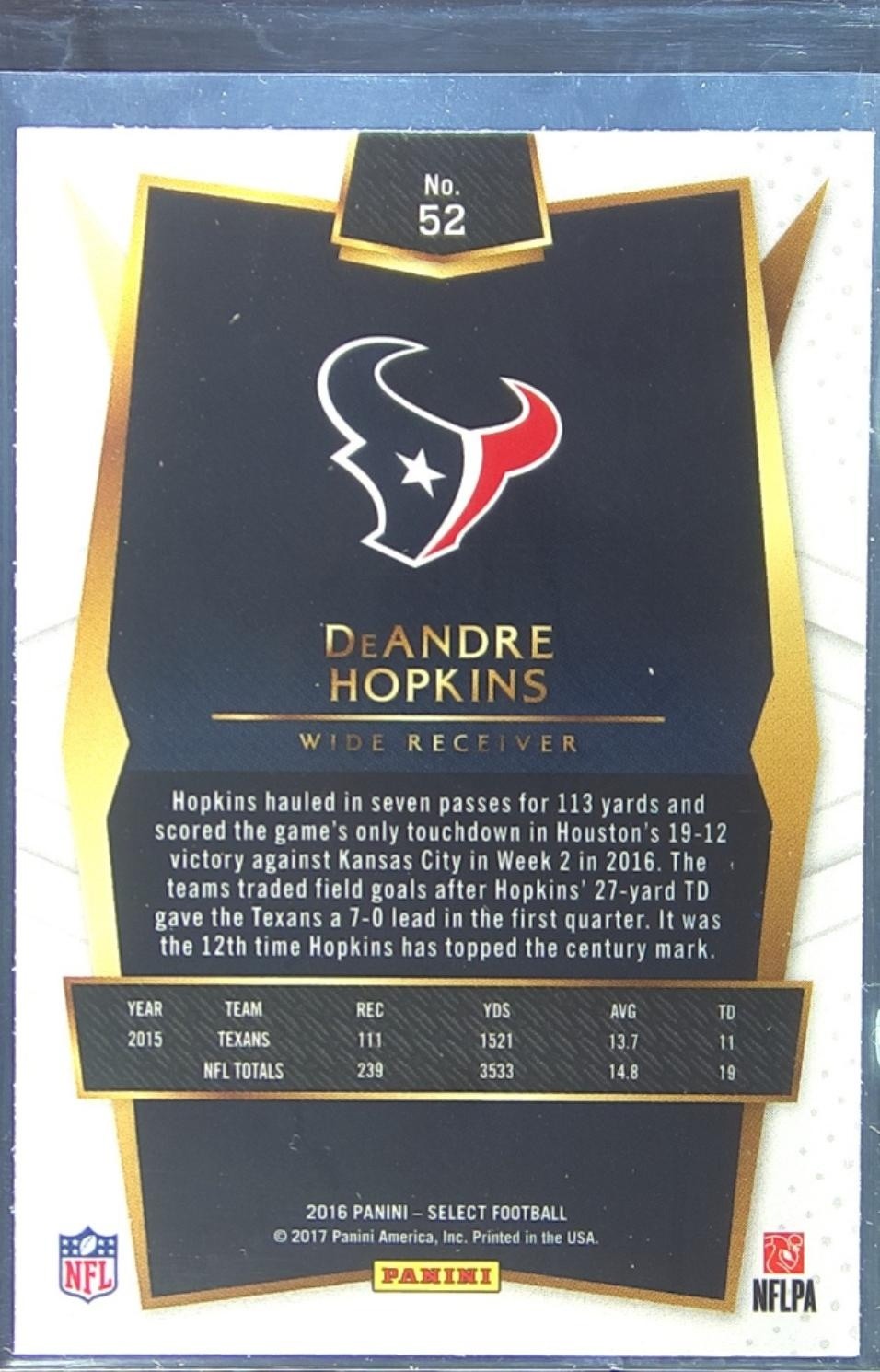 2016 Select DeAndre Hopkins Prizm #52 Texans - Image 3