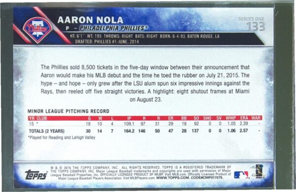 2016 Topps Aaron Nola RC #133 Phillies - Image 3