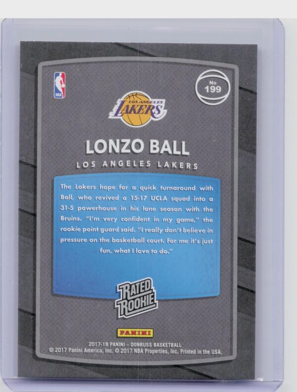 2017-18 Donruss Lonzo Ball RC #199 Lakers - Image 3