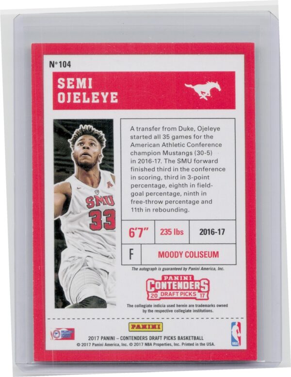 2017-18 Panini Contenders Draft Picks Semi Ojeleye AU #104 Mustangs College Tick - Image 3