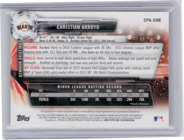 2017 Bowman Christian Arroyo AU SN250 #CPA-CHR Giants Chrome Prospect Autographs - Image 3