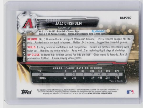 2017 Bowman Chrome Jazz Chisholm #BCP207 Diamondbacks Prospects - Image 3