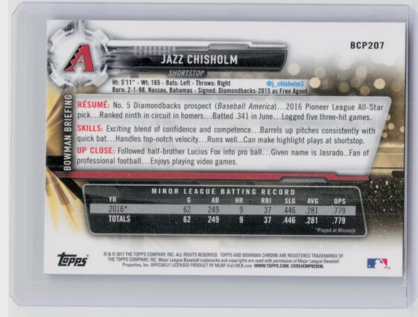 2017 Bowman Chrome Jazz Chisholm #BCP207 Diamondbacks Prospects - Image 3