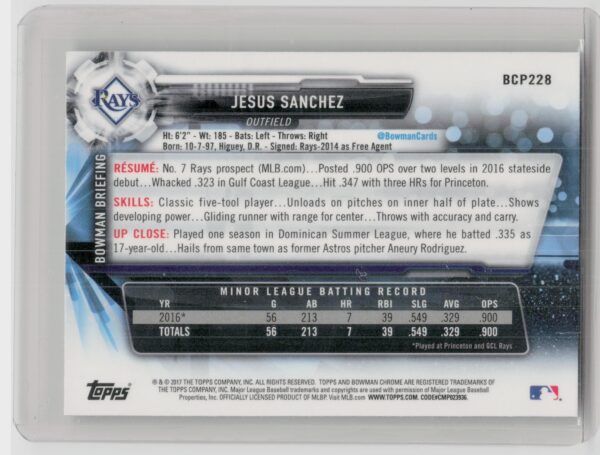 2017 Bowman Chrome Jesus Sanchez #BCP228 Rays Prospects - Image 3